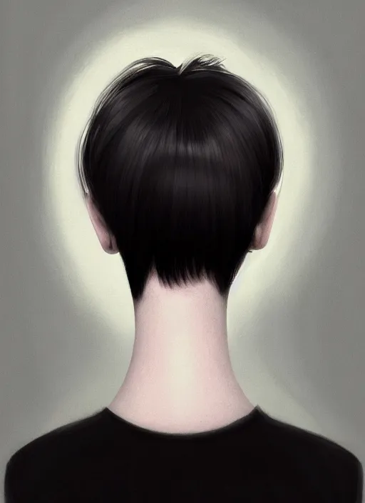 Prompt: portrait of white teenage girl, narrow face, short black hair, bangs, half updo hairstyle, buck toothed big smile, unattractive, defined jawline, long chin, wearing hair bow, earrings, intricate, elegant, glowing lights, highly detailed, digital painting, artstation, sharp focus, illustration, art by wlop, mars ravelo and greg rutkowski