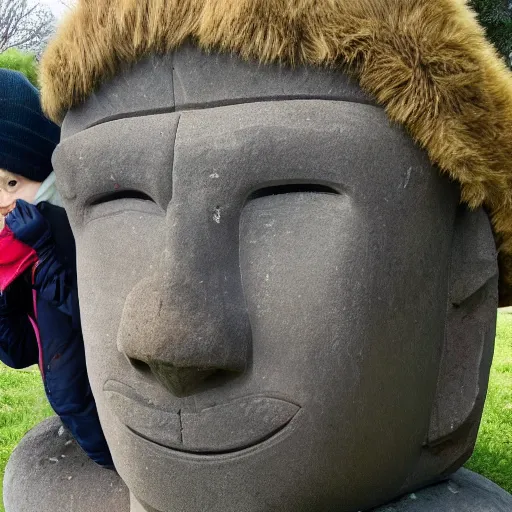 Image similar to a kid at christmas disappointed that his present was a giant moai statue