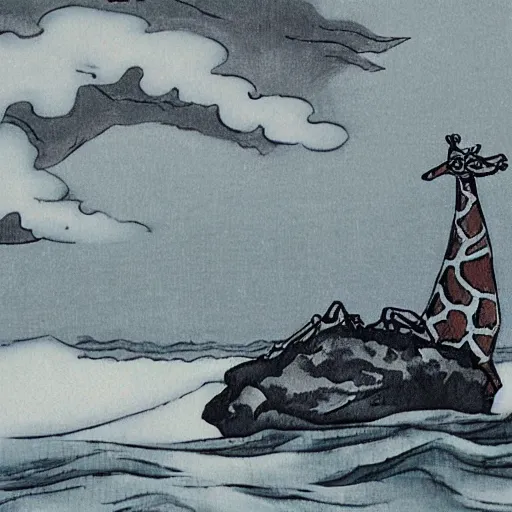 Image similar to giraffe in a bot on a stormy sea at the base of cliffs, japanese style ink art,