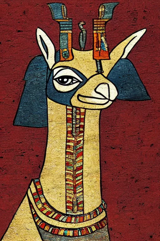 Image similar to Art of the Ancient Egyptians, Llama portrait in the style of traditional Egyptian wall painting. gods and goddesses of Ancient Egypt, llama head