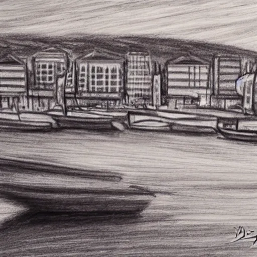 Image similar to a detailed charcoal sketch of the Halifax waterfront