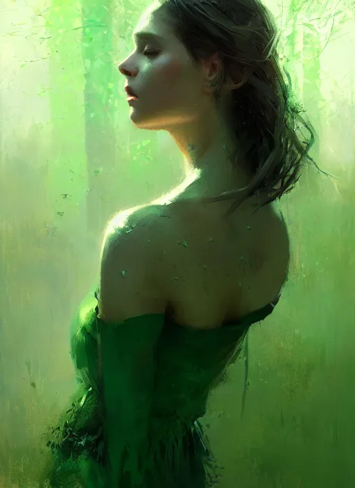 Image similar to outdoor portrait of a beautiful girl, shades of green, beautiful face, rule of thirds, intricate outfit, spotlight, by greg rutkowski, by jeremy mann, digital painting