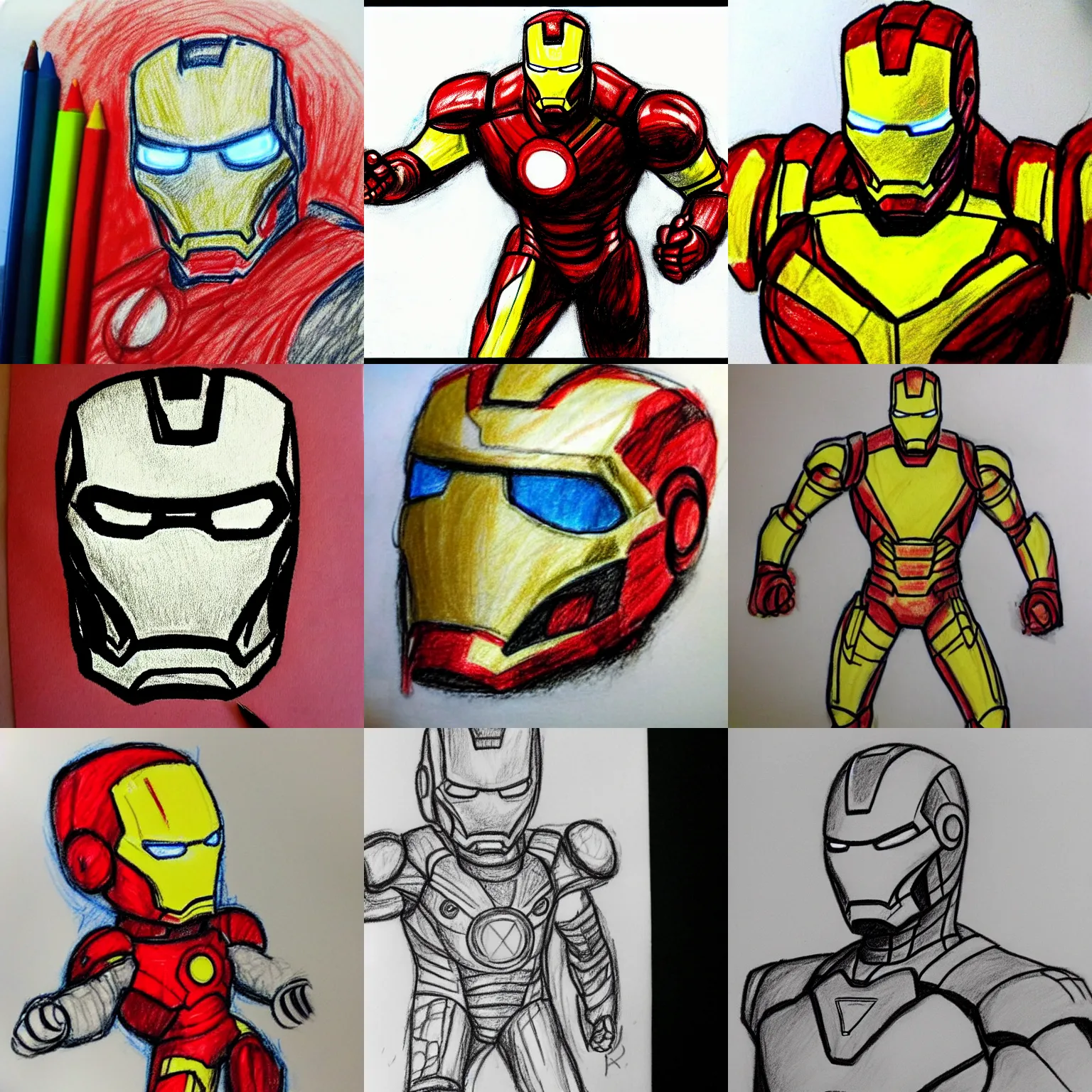 Prompt: badly drawn, scribbly toddler's sketch of Iron Man, sloppy crayon drawing