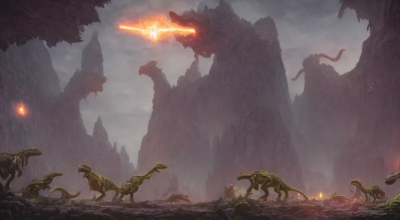 Image similar to technicolor dinosaurs, glowing with magic, surrounded by slate grey walls, matte painting, fantasy art, concept art, greg rutkowski, james gurney, johannes voss, hasui kawase.