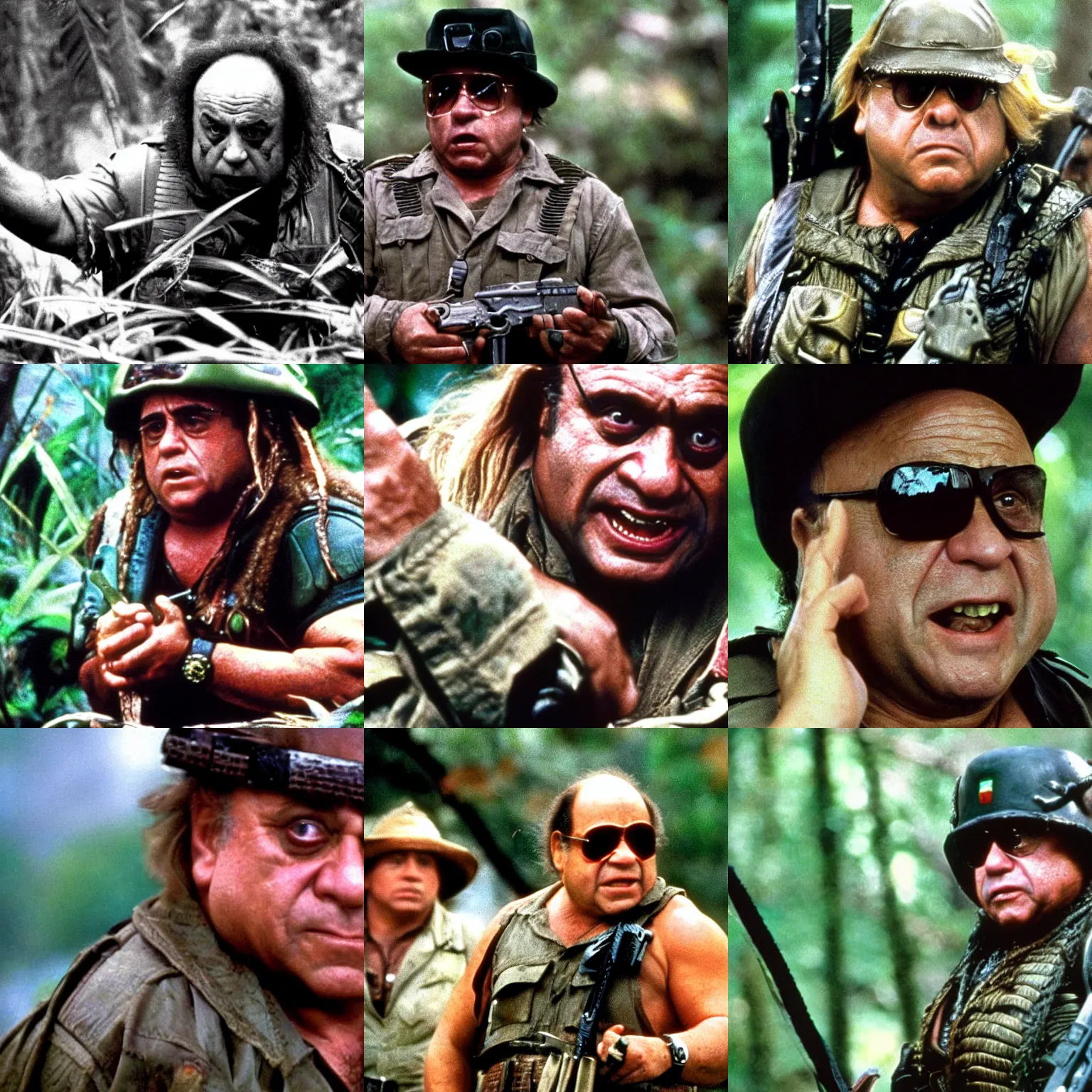 Prompt: danny devito as major dutch in predator, 1 9 8 7, movie still