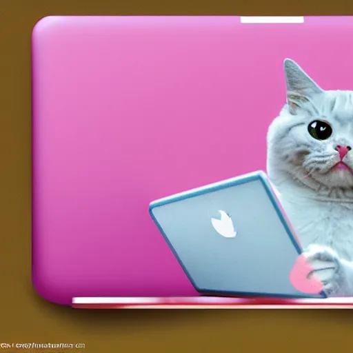 Prompt: a pink cat using a laptop full of twitter stickers