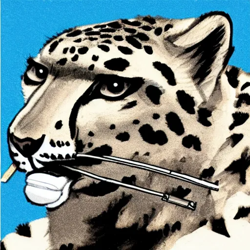 Image similar to Snow leopard smoking a spliff in his mouth, cartoon