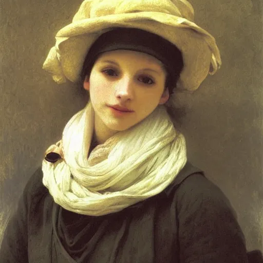 Prompt: A portrait of a fox wearing a scarf and a boater hat by Robert Cleminson and William-Adolph Bouguereau