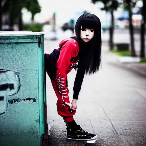 Image similar to photographic portrait of a streetwear anime girl crouched next to a dumpster, closeup, sigma 85mm f/1.4, 4k, depth of field, high resolution, 4k, 8k, hd, full color