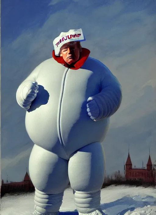 Image similar to donald trump dressed as the michelin man, highly detailed, sharp focus, matte painting, by isaac levitan and asher brown durand,