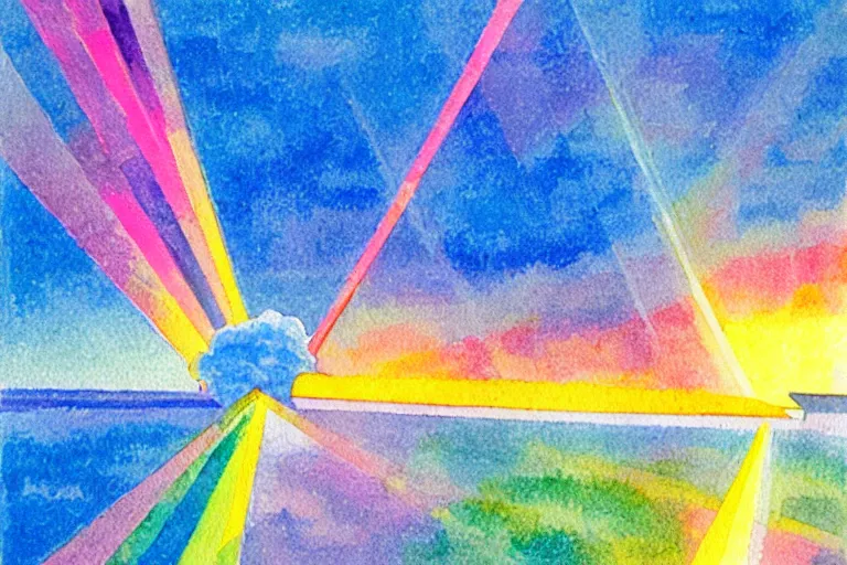 Prompt: a stunning wpa style painting of a prism in the sky reflecting light, god rays, award winning art, watercolor