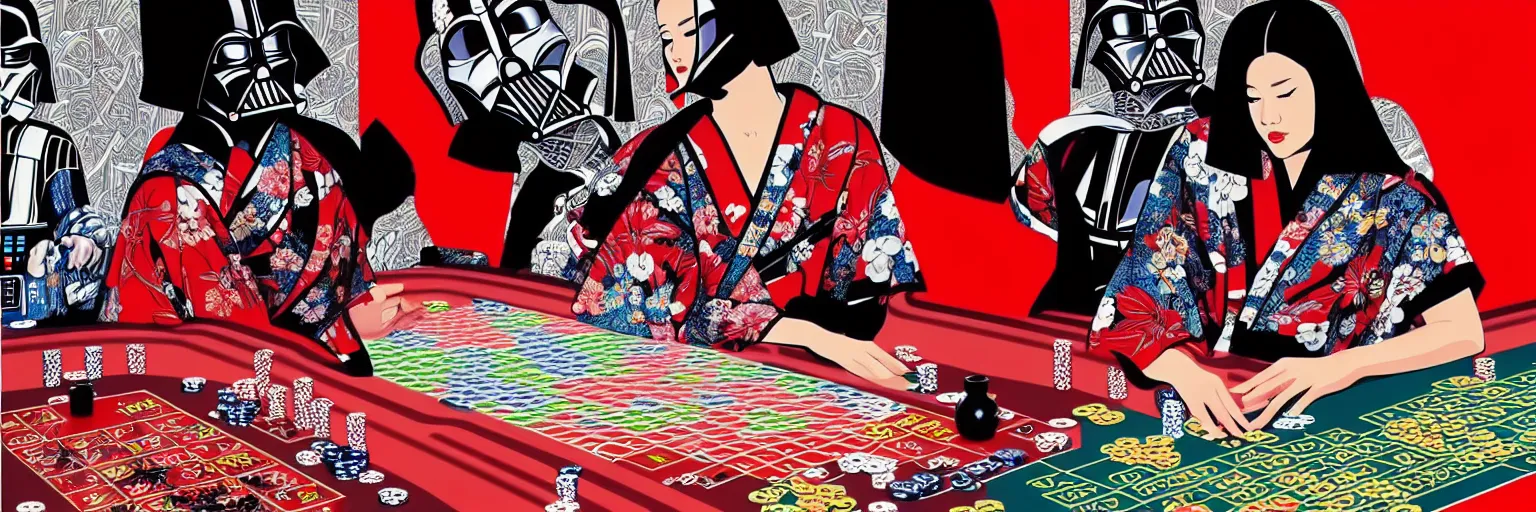 Image similar to hyperrealism composition of the detailed woman in a japanese kimono sitting at an extremely detailed poker table with darth vader, terminator, fireworks on the background, pop - art style, jacky tsai style, andy warhol style, acrylic on canvas