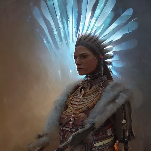 Image similar to A native american Ruler, robot, techwear, artists portrait, futuristic, fantasy, highly detailed, digital painting, concept art, sharp focus, depth of field blur, illustration, art by artgerm and greg rutkowski and alphonse mucha