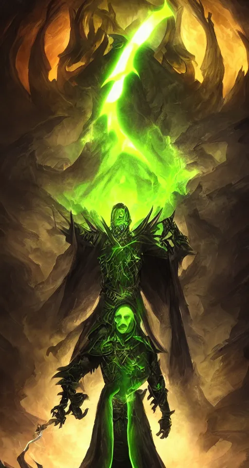 Image similar to illustration of dark priest holding green lightning, black halo, evil, power, green mist, scary, photorealistic, unreal engine, hellish background , Mtg , Dnd ,