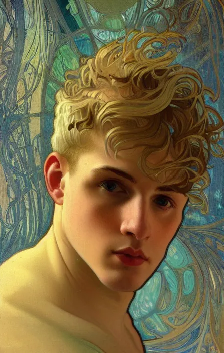 Prompt: young man with short blond hair, looking downwards, magical swirls, magical light, magical atmosphere, depression, alphonse mucha style, painterly, highly detailed, 8 k