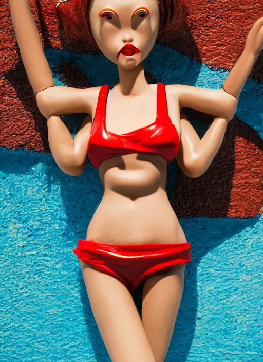 Prompt: closeup of a tin toy bikini girl, depth of field, zeiss lens, detailed, symmetrical, centered, fashion photoshoot, by nicoletta ceccoli, mark ryden, lostfish, earl nore, hyung tae, frank frazetta, breathtaking, 8 k resolution, extremely detailed, beautiful, establishing shot, artistic, hyperrealistic, octane render