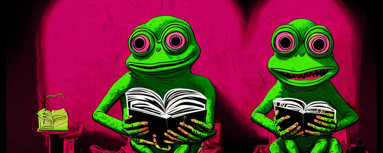 Prompt: dark scifi illustration 3 / 4 portrait of pepe the frog, reading necronomicon. intricate, pink, cinematic lighting mad scientist style. golden ratio accidental renaissance. in the style of jean michel basquiat and dave mckean. graffiti art, scifi, fantasy, hyper detailed. octane render. concept art. trending on artstation