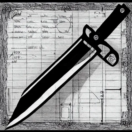 Image similar to black and white pen and ink sword design highly detailed technical drawing center page single item clear defined concept art