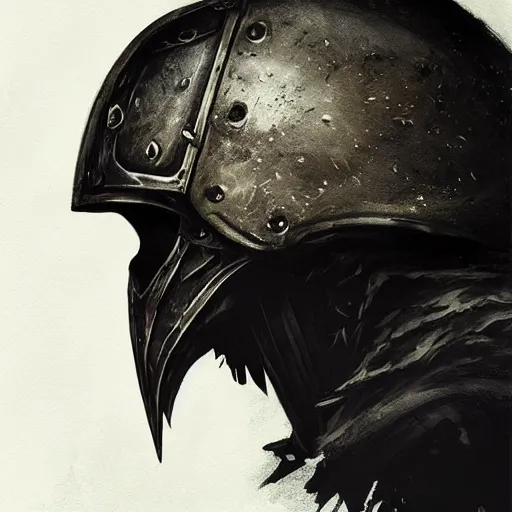 Image similar to crow skull knight helmet, headshot, closeup, grimdark, fantasy, trench crusade, terrifying, dark, fog, atmospheric cold lighting, dark souls, hyperrealistic, art by sparth