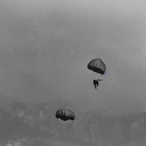 Image similar to photo of elephant paratroopers parachuting behind enemy lines
