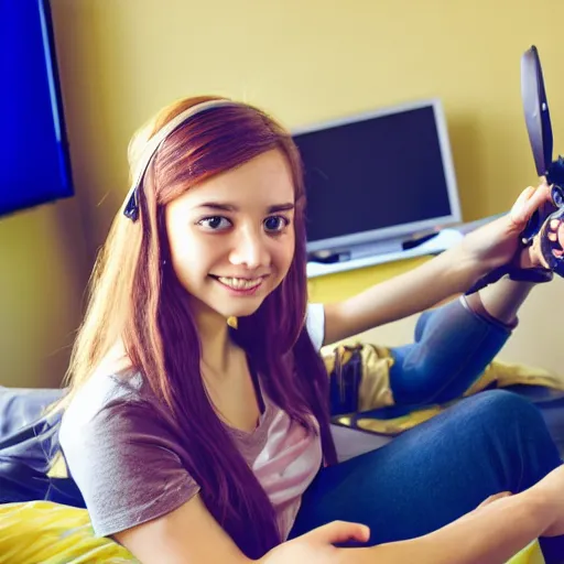 Prompt: gamer girl playing video games