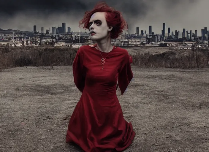 Prompt: mysterious sad rotten girl wrapped in smoke and a red dress is observing a big industrial city metropoli in the distance, cloudy sky, requiem for a dream