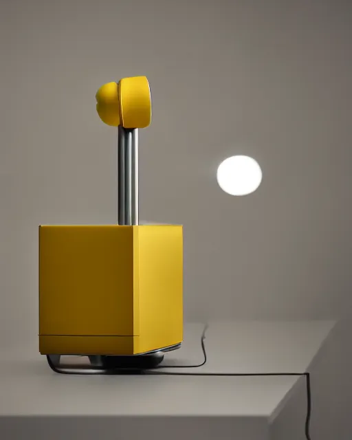 Prompt: a photo of a stylish yellow consumer device designed by dieter rams and jony ive for bang & olufsen, rim lit, shallow depth of field