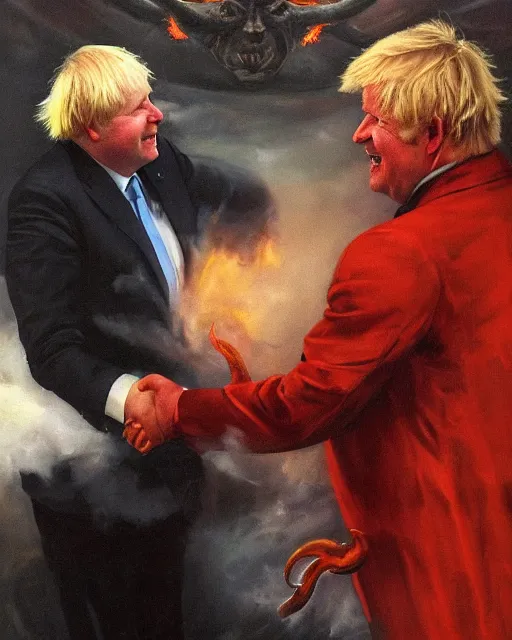 Image similar to an oil painting of uk politician former prime minister boris johnson having a meeting with the devil satan in the fiery pits of hell, demonic imagery, pagan, satanic symbolism, smiling and shaking hands, 4 k detail