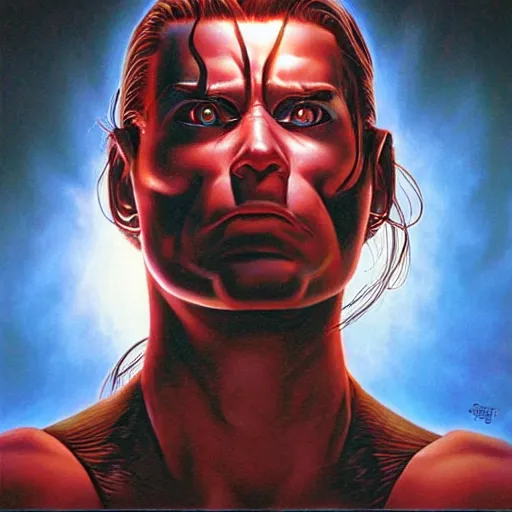 Prompt: portrait artwork of very long haired cyborg with damaged robot eye by Greg Hildebrandt. Cinematic lighting. Terminator 2 ending scene