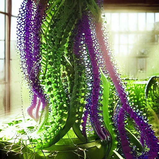 Prompt: several green and violet poisonous spiked tentacula vines grow from a pot, on wooden table in the ray of sunshine in greenhouse, digital art, hyper realistic, sharp focus, high detailed, calm, warm lighting, by Rutkowsky by Argyle