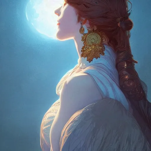 Prompt: Moon in the background, intricate, elegant, highly detailed, digital painting, artstation, concept art, smooth, sharp focus, illustration, art by artgerm and greg rutkowski and alphonse mucha