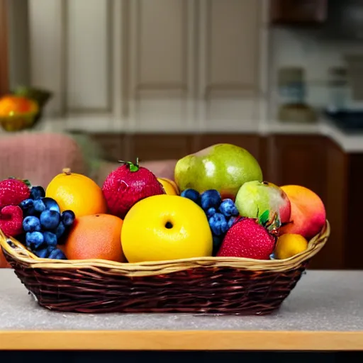 Prompt: a fruit basket on top of a kitchen table, f/22