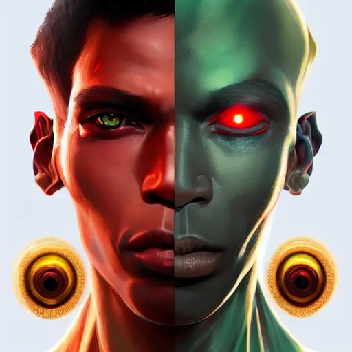 Prompt: zulu cyborg, male, green eyes, red diodes, science fiction, highly detailed, digital painting, beautiful eyes, symmetry, concept art, sharp focus, illustration, art by artgerm and greg rutkowski and magali villeneuve and ilya kuvshinov!