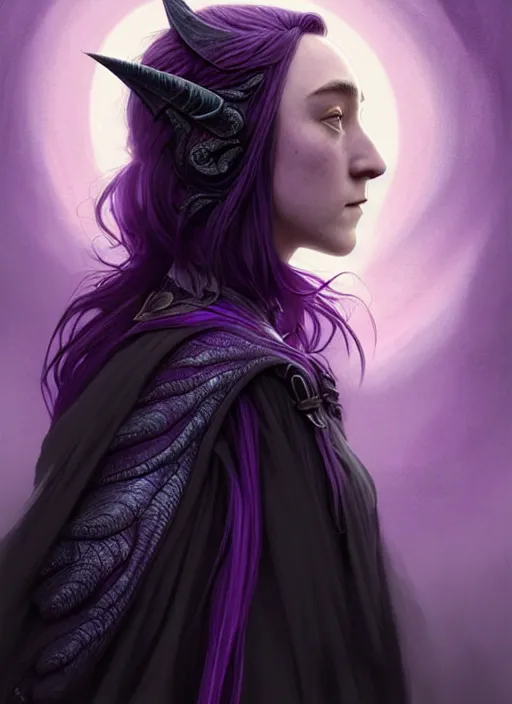 Image similar to side portrait Saoirse Ronan as dark witch, adventurer outfit large cloak, fantasy forest landscape, dragon scales, fantasy magic, undercut hairstyle, short purple black fade hair, dark light night, intricate, elegant, sharp focus, illustration, highly detailed, digital painting, concept art, matte, art by WLOP and Artgerm and Greg Rutkowski and Alphonse Mucha, masterpiece