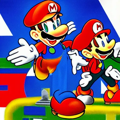 Image similar to 1940s disney film about super mario and sonic the hedgehog