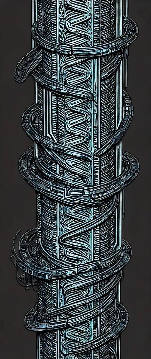 Prompt: a double helix dna cyberpunk carved pillar, high details, lineart, by vincent di fate, inking, screen print, masterpiece, trending on artstation, sharp, high contrast, hyper - detailed,, hd, 4 k, 8 k