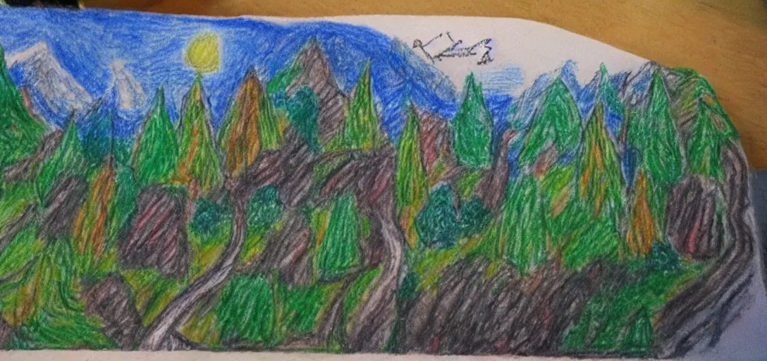 Image similar to Rivendell landscape drawn in crayon by a five-year old