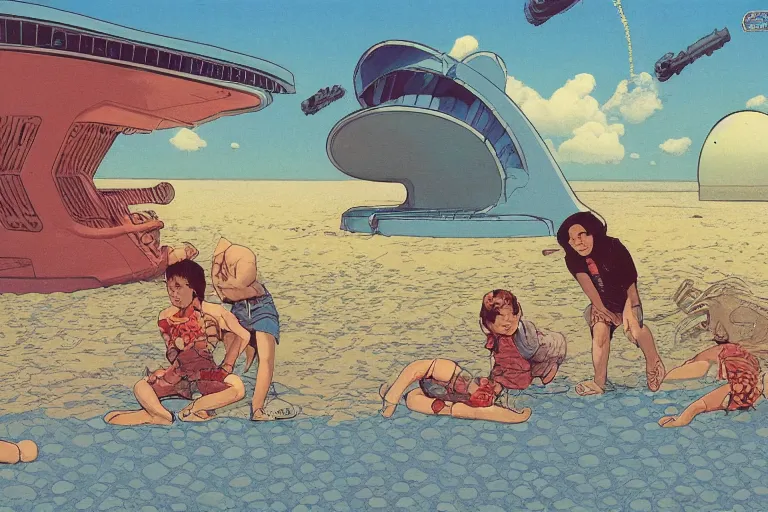 Image similar to most blues, evangelionic illustration, children playing at the beach, atomic explosion, a lot of exotic vegetation, oldschool vintage sci - fi flat surreal design, super - detailed, oil painting by moebius and satoshi kon, hd, 4 k, high quality