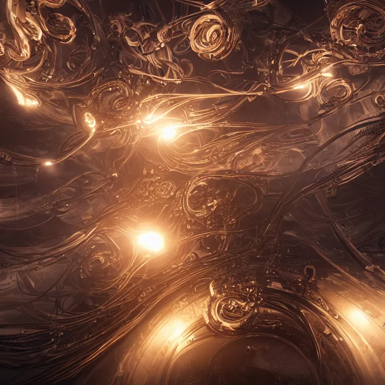 Image similar to swirling abstract cyborg parts and bio - mechanical tendrils and ornate flowing smoke streams and liquid light streaks surround a small metallic sphere, cinematic, unreal engine