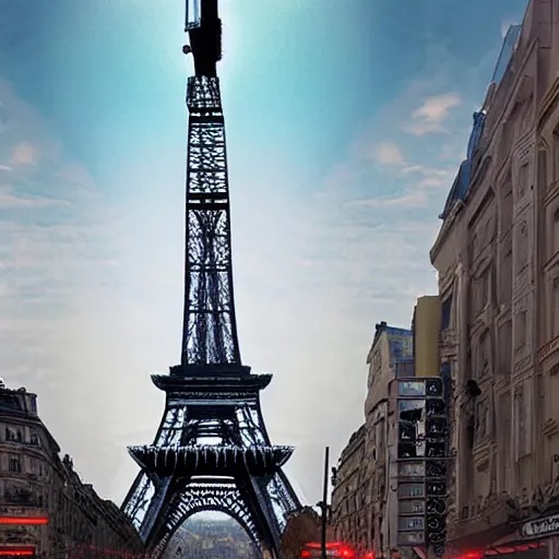 Image similar to A beautiful intricate 8K award-winning cinematic movie photograph of the future Eiffel Tower completely covered in billboards in the year 2043, by Bruno Delbonnel