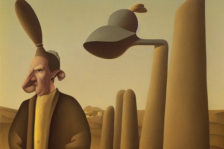 Prompt: Man with a gigantic nose banished from the village, by Grant Wood, Brian Despain, surrealism, figurativism, Giorgio de Chirico, brutalism, artstation