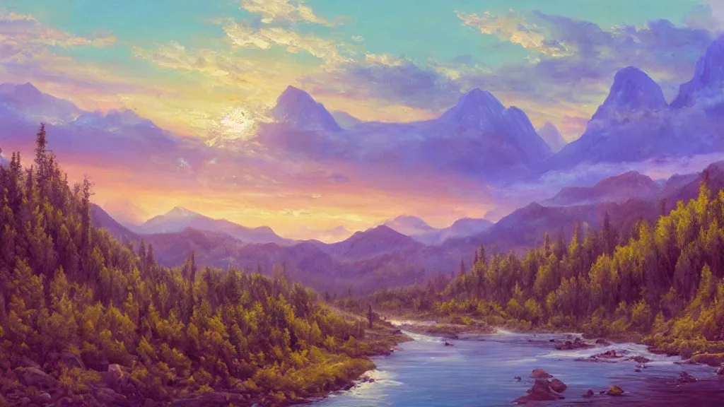 Prompt: The most beautiful panoramic landscape, oil painting, where the mountains are towering over the valley below their peaks shrouded in mist, the sun is just peeking over the horizon producing an awesome flare and the sky is ablaze with warm colors and stratus clouds. A giant dreamy waterfall creates a river, it is winding its way through the valley and the trees are starting to bloom in pink colors, by Greg Rutkowski, aerial view