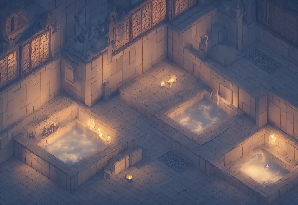 Image similar to isometric magicavoxel Bloodborne japanese bath house no mand sky cinematic lighting, 4k