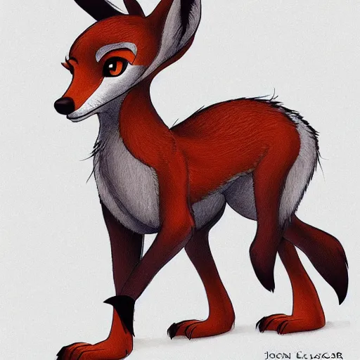 Image similar to an anthropomorphic fox deer hybrid, fursona!!!!! by don bluth, by kawacy, trending on artstation, full body
