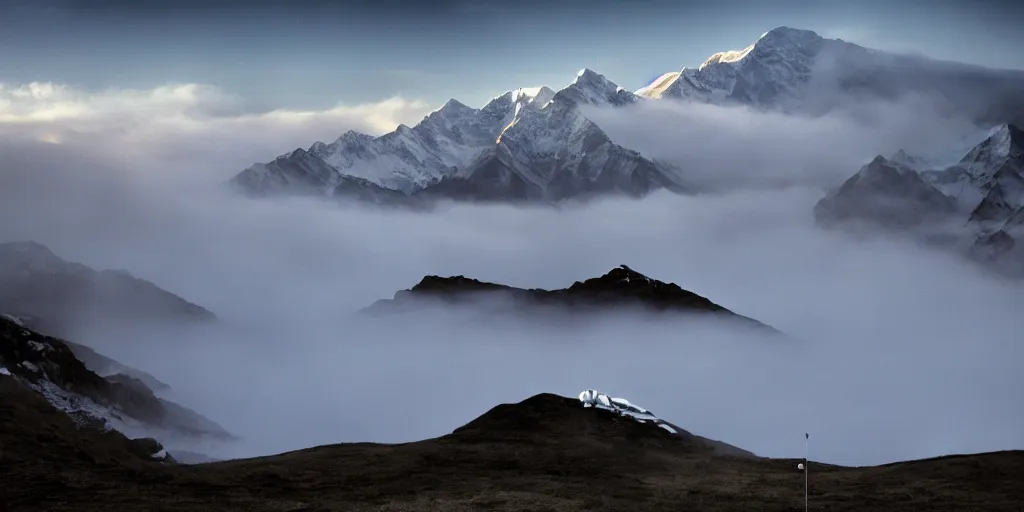 Image similar to a great photograph of the most amazing golf hole in the world, on top of the mount everest, ambient light, golf digest, top 1 0 0, fog