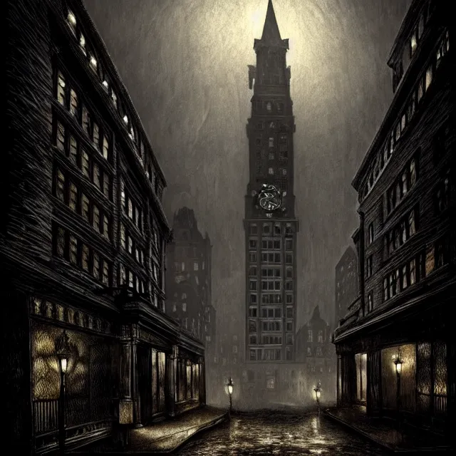 Image similar to photo of a haunted gothic hotel, 1920s boston overlooking a dark street, lovecraft, paul carrick, photorealistic, dark, atmospheric lighting, painted, intricate, ultra detailed by Leesha Hannigan, Thierry Doizon, Kai Carpenter, well composed, best on artstation, cgsociety, epic, stunning, gorgeous, intricate detail, wow, masterpiece