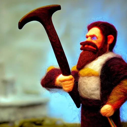 Image similar to needle felted gimli saying and my axe from the fellowship of the ring (2001), highly detailed, tilt shift, atmospheric, hyperrealism, highly textured, god rays