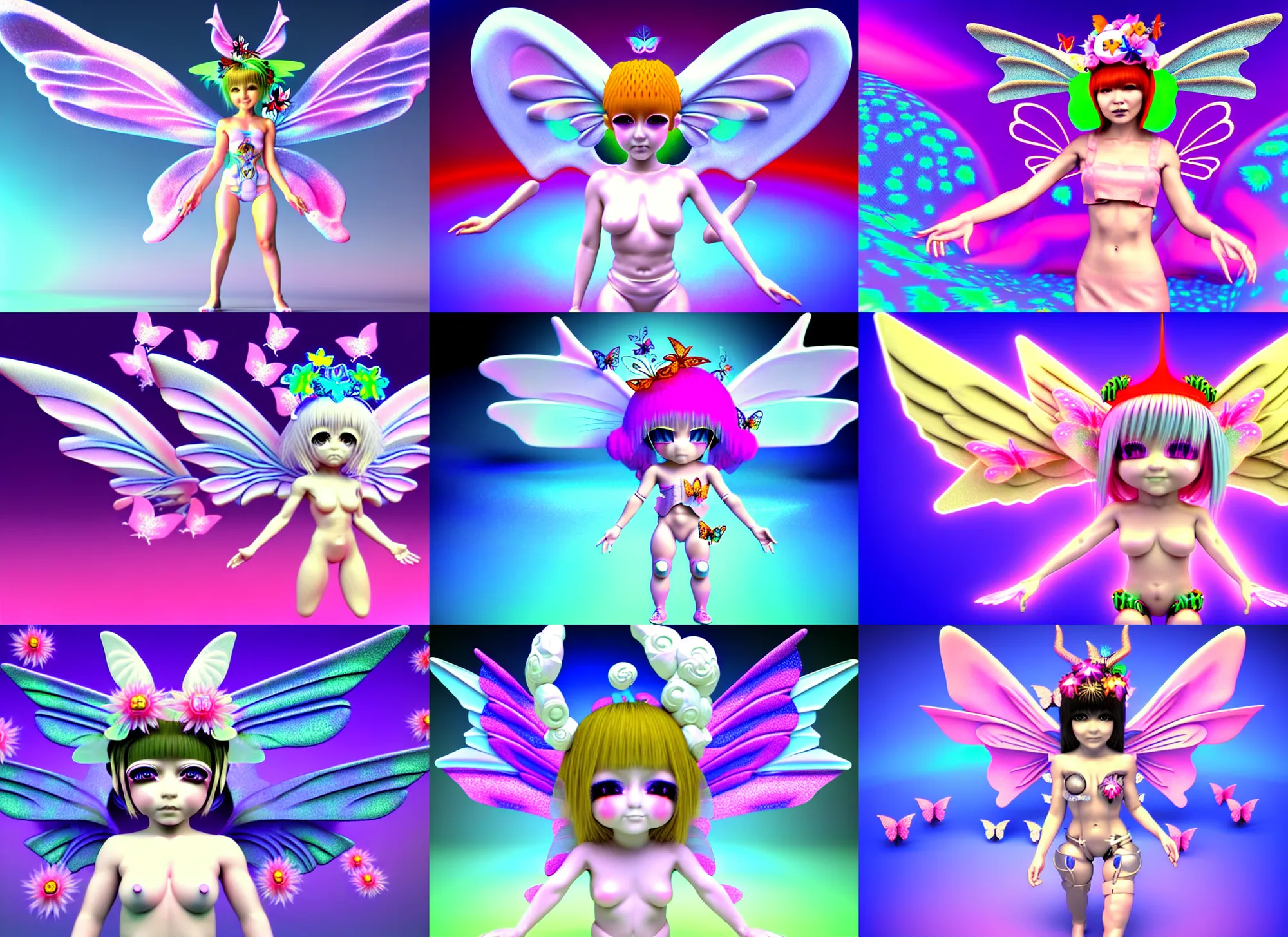 Prompt: 3 d render of chibi cyborg fairy angel by ichiro tanida wearing a jester hat and wearing angel wings against a psychedelic swirly background with 3 d butterflies and 3 d flowers n the style of 1 9 9 0's cg graphics 3 d rendered y 2 k aesthetic by ichiro tanida, 3 do magazine