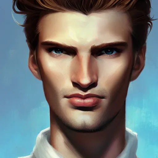 Image similar to tall man in his twenties with brown blond short quiff hair and round facial structure with cleft chin, straight eyebrows, cheekbones, lightly blue eyes, wide face, shadow of beard, atmospheric lighting, painted, intricate, 4 k, highly detailed by charlie bowater