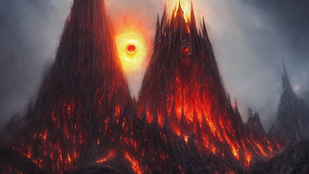 Prompt: flaming eye of sauron above the dark orc tower of barad - dur, by alan lee, michal karcz, smooth details, lord of the rings, game of thrones, smooth, detailed terrain, oil painting, trending artstation, concept art, fantasy matte painting